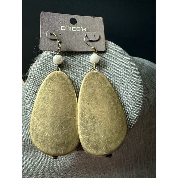 Chicos Teardrop Earrings Gold Tone Pierced Dangle Drop Abstract Boho Career New - Picture 1 of 4